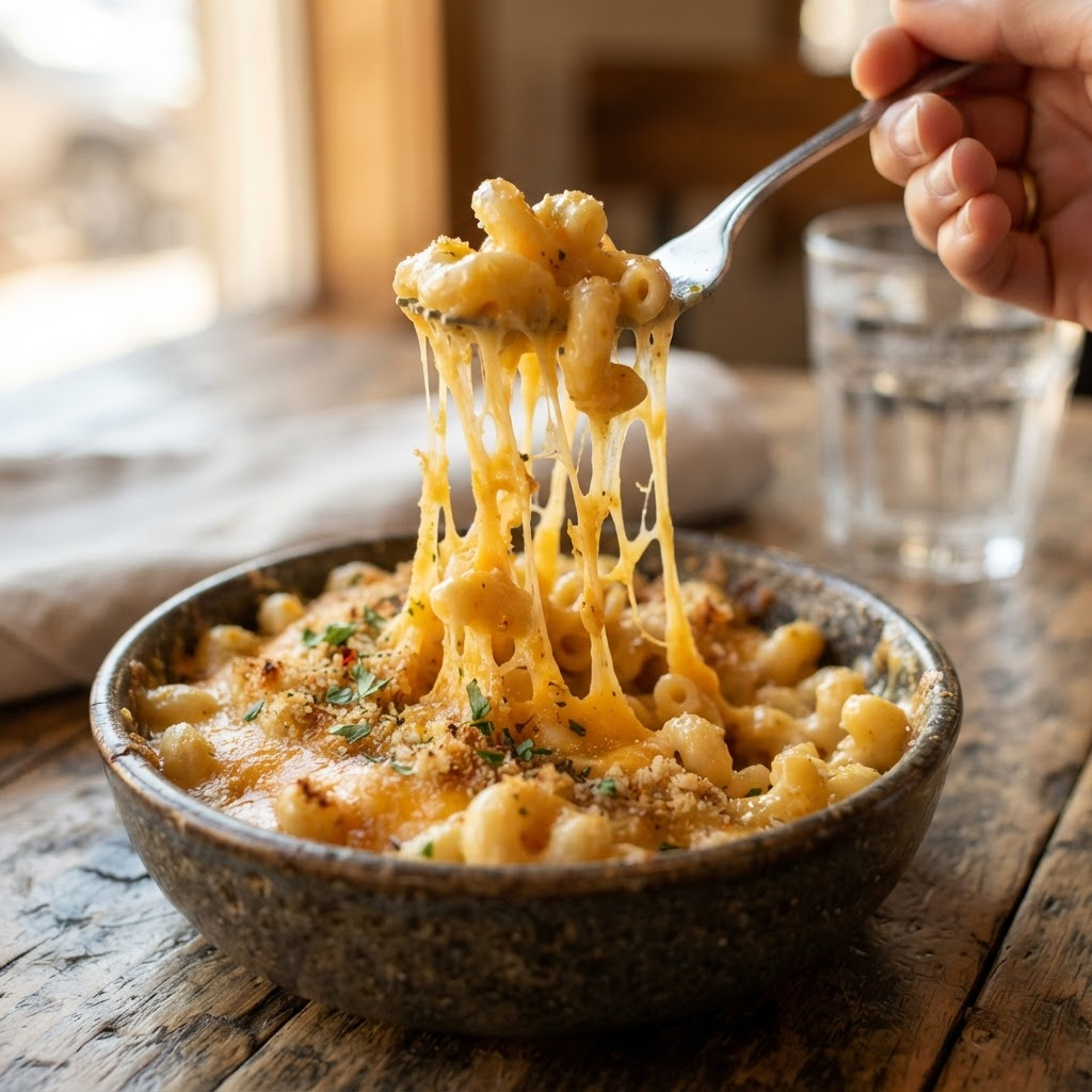Fork lifting a dramatic cheese pull of mac and cheese