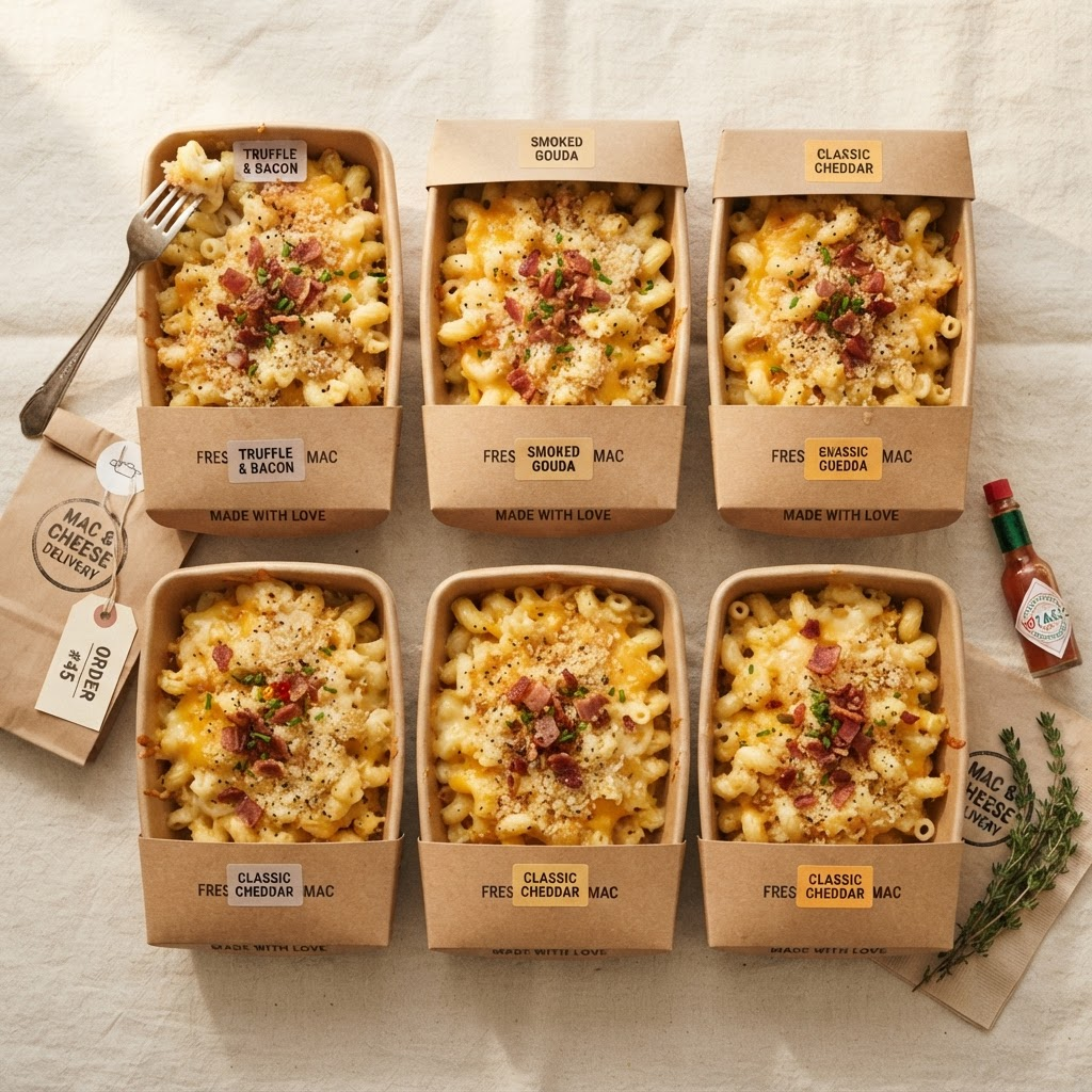 Individual mac and cheese portions in kraft takeout containers