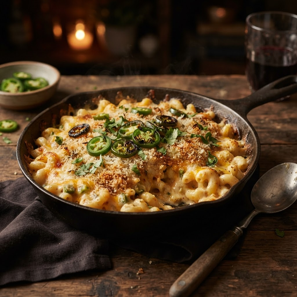 Spicy jalapeño mac and cheese in a cast-iron pan