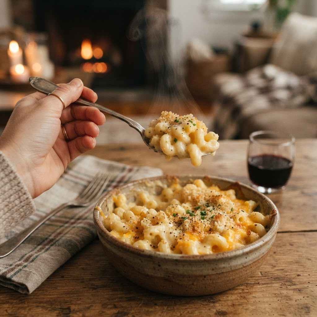 Spoonful of creamy mac and cheese with steam rising